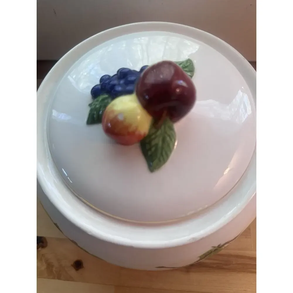 Vintage Hand Painted Teleflora Covered Serving Bowl With Fruit Motif - Gold Trim